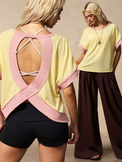 VARSIVA Contrast Color Splice Hollow Back Sports T-Shirt