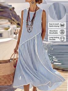 SHEIN Holidaya Đầm kẻ sọc tối giản có túi dành cho nữ, thích hợp cho du lịch biển. - Màu xanh lam - Xem 2