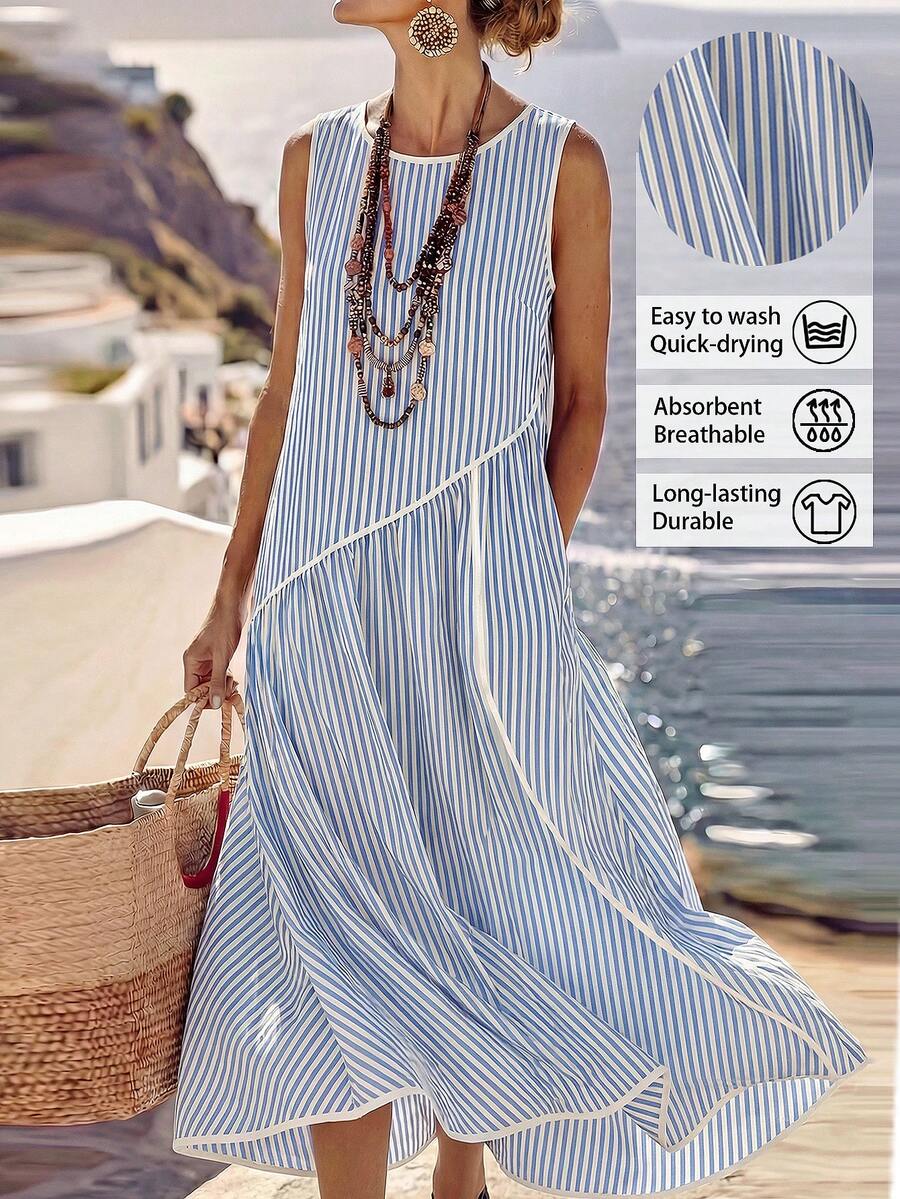 SHEIN Holidaya Đầm kẻ sọc tối giản có túi dành cho nữ, thích hợp cho du lịch biển.