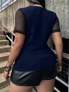 Whyspr Camiseta de manga corta con parches de ojetes de estilo punk talla grande, primavera/verano - Azul Marino - Ver 2