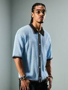 ROMWE MEN Men's Contrast Color Short Sleeve Single-Breasted Casual Knit Top - Multicolor - View 4