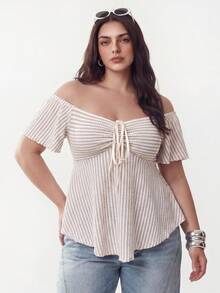 Áo thun hở vai họa tiết sọc boho phong cách boho mùa xuân/hè cổ điển, ngày lễ, ngày của mẹ, phụ nữ đi nghỉ, áo hở vai mùa hè - Màu be - Xem 5