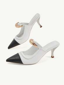 CUCCOO CHICEST Women's Elegant Gold Crescent Moon Decor Pointed Toe Stiletto Heel Pumps, Suitable For Work, Formal Occasions, Office Outfit, Mule Shoes, White PU Spring Break Easter For Christmas - Black and White - View 4