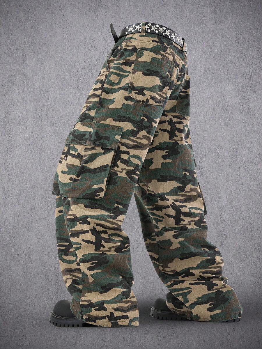 Manfinity Denimwave Quần jeans cargo nam dáng rộng, họa tiết rằn ri, phong cách thường ngày. - xanh quân đội - Xem 1