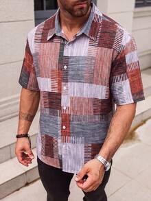 Manfinity Homme Plus Size Men's Summer Casual Vacation Style Patchwork Print Short Sleeve Shirt - Multicolor - View 4