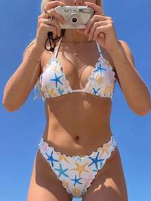 Swim Mod Bikini con estampado de estrella de mar sexy, traje de baño con cuello halter, volantes y talle bajo para mujeres, ideal para vacaciones en la playa - Multicolor - Ver 3