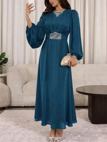 Veilorie Nuevo vestido de cóctel elegante y de lujo con cintura fruncida y adornos de strass, elegante para fiestas - Agua verde azul - Ver 3