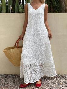DAZY Women's V-Neck Sleeveless Embroidered Vacation Dress Sun Dresses For Women Summer Golf White Sexy - Ivory White - View 1