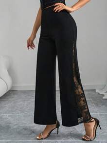 SHEIN Tall CURVE 大尺碼黑色秋季優雅蕾絲喇叭褲，女款優雅夏季派對、婚禮、畢業、度假、Y2K日常穿搭 - 黑色 - 查看 9