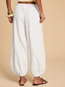 Travachic Pantalones casuales de mujer de unicolor, de ajuste holgado, con cordón y bolsillos laterales - Blanco - Ver 2