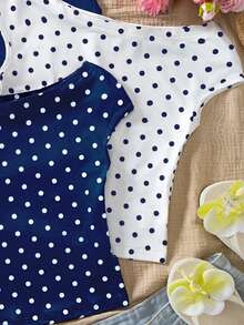 Sparklyn 3 pièces T-shirts multicolores à épaules dénudées ajustés pour les préadolescentes en vacances - Bleu marine - Voir 4