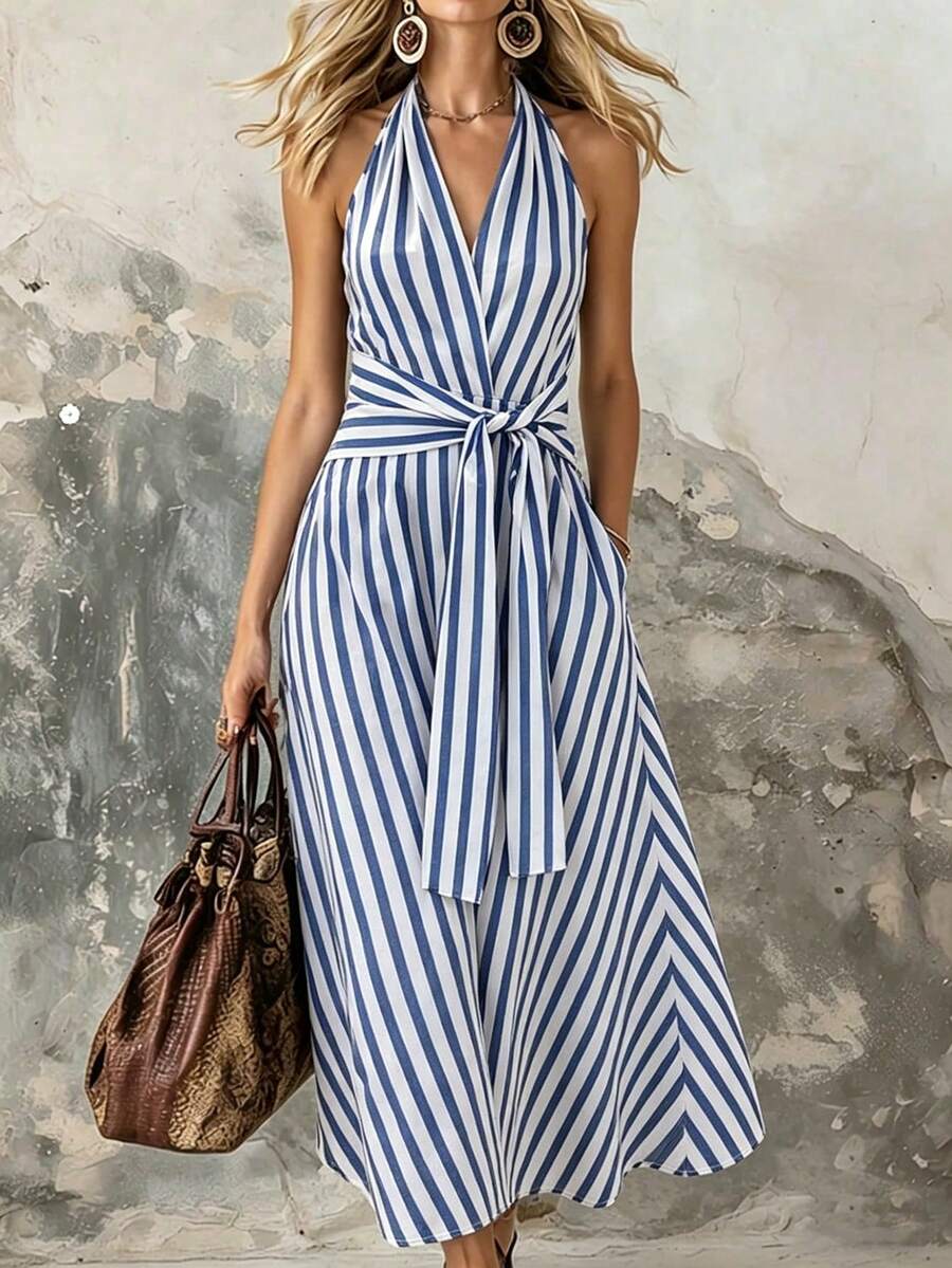 SHEIN Holidaya 法式蓝白条纹V领收腰飘逸连衣裙,适合夏季度假穿着,尽显优雅气质 - 彩色 - 查看 1