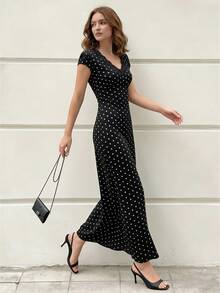 Modelyn Vestido con escote en V con estampado de lunares y parches de encaje floral elegante - Blanco y Negro - Ver 5