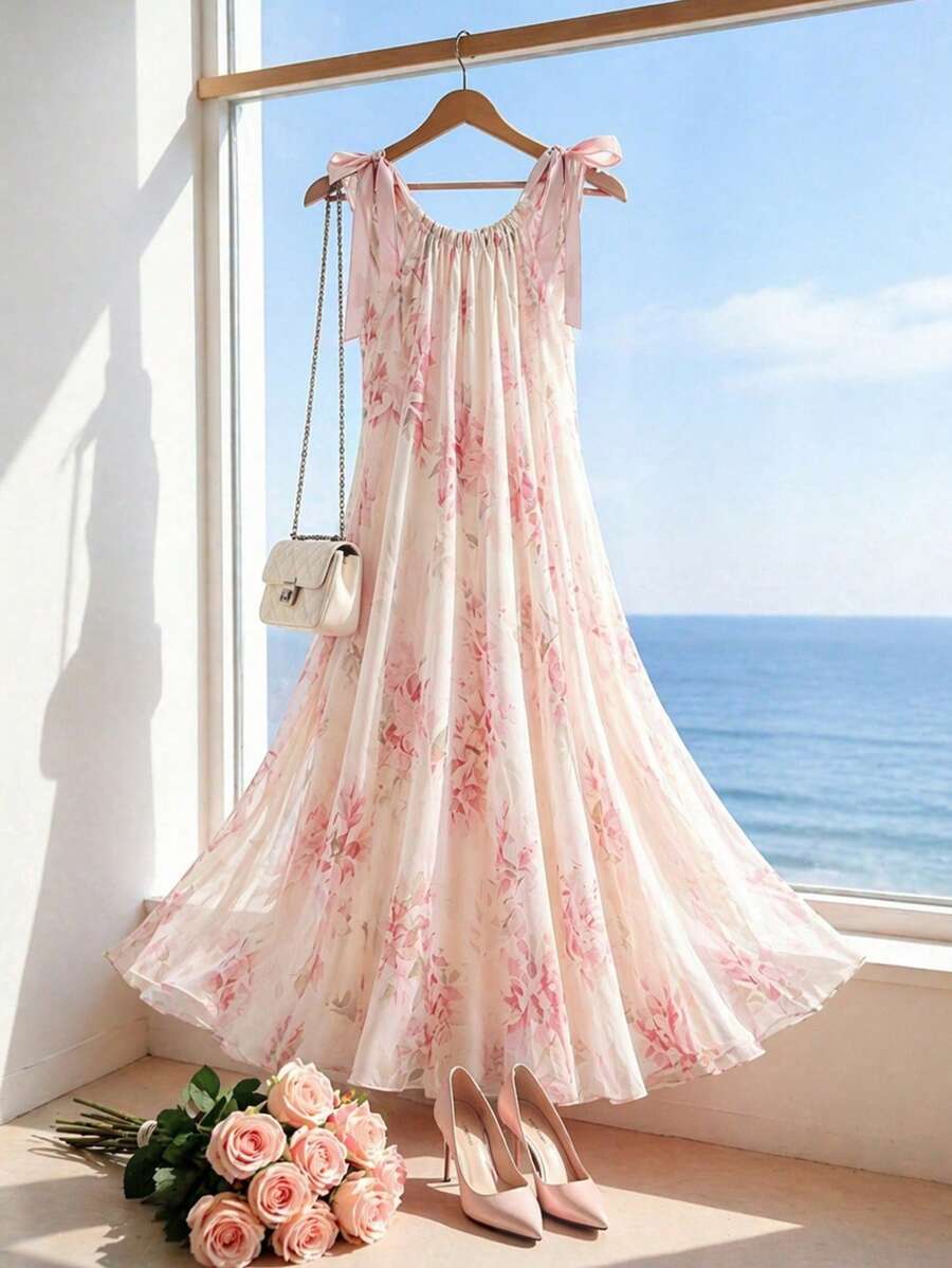 SHEIN Franclia Đầm hoa lãng mạn cho kỳ nghỉ hè, đầm dài màu hồng họa tiết hoa, đầm chữ A xòe rộng họa tiết hoa cho nữ. - Nhiều màu - Xem 1