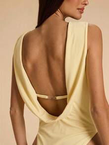 SHEIN BAE Women's Pale Yellow Summmer Seksi Chic Party Night Bodysuit,Backless Halter Metal Chain Decor Solid Color Elegant Casual Beach Vacation Bodysuit - Yellow - View 6