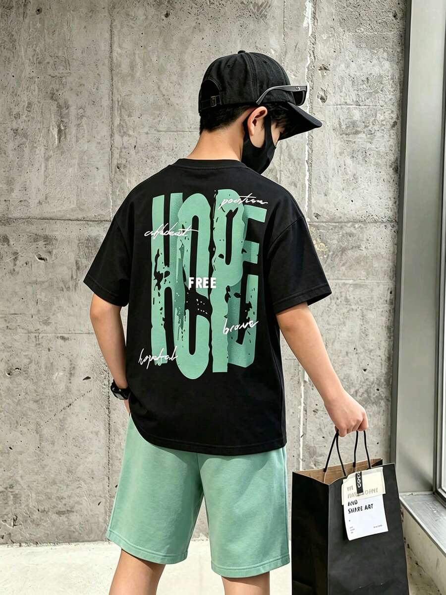 男童休闲舒适两件套,柔软透气短袖T恤和短裤运动套装,字母图案,夏季必备,时尚休闲装,返校季、户外野餐、街头摄影、校园、节日庆典、礼物之选 - 黑色 - 查看 1