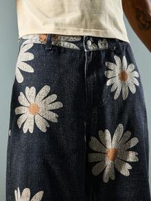 ROMWE MEN Street Life Quần short denim nam in họa tiết hoa cúc La Mã - Màu xanh lam - Xem 2