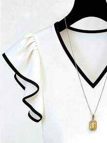 SHEIN Franclia French Elegant V-Neck Black & White Contrast Ruffle Trim Short Sleeve Chiffon Blouse, Slim Fit Commuting Wear, Summer New - Black and White - View 5