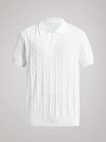 Officeau Men's Casual Solid Color Airplane Collar Diamond Pattern Short Sleeve Sweater, Spring/Summer - White - View 1