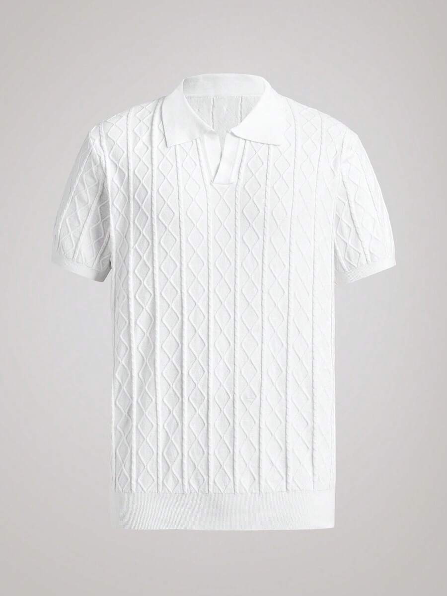 Officeau Men's Casual Solid Color Airplane Collar Diamond Pattern Short Sleeve Sweater, Spring/Summer - White - View 1