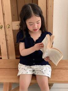 Dazy Kids Áo sơ mi cài cúc dễ thương, đa năng cho bé gái, phong cách đường phố mùa lễ hội - Màu xanh lam - Xem 3