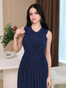 Modelyn Đầm nữ mùa hè tối giản, thanh lịch, không tay, eo nhún, dài đến đầu gối. - Màu xanh lam - Xem 4