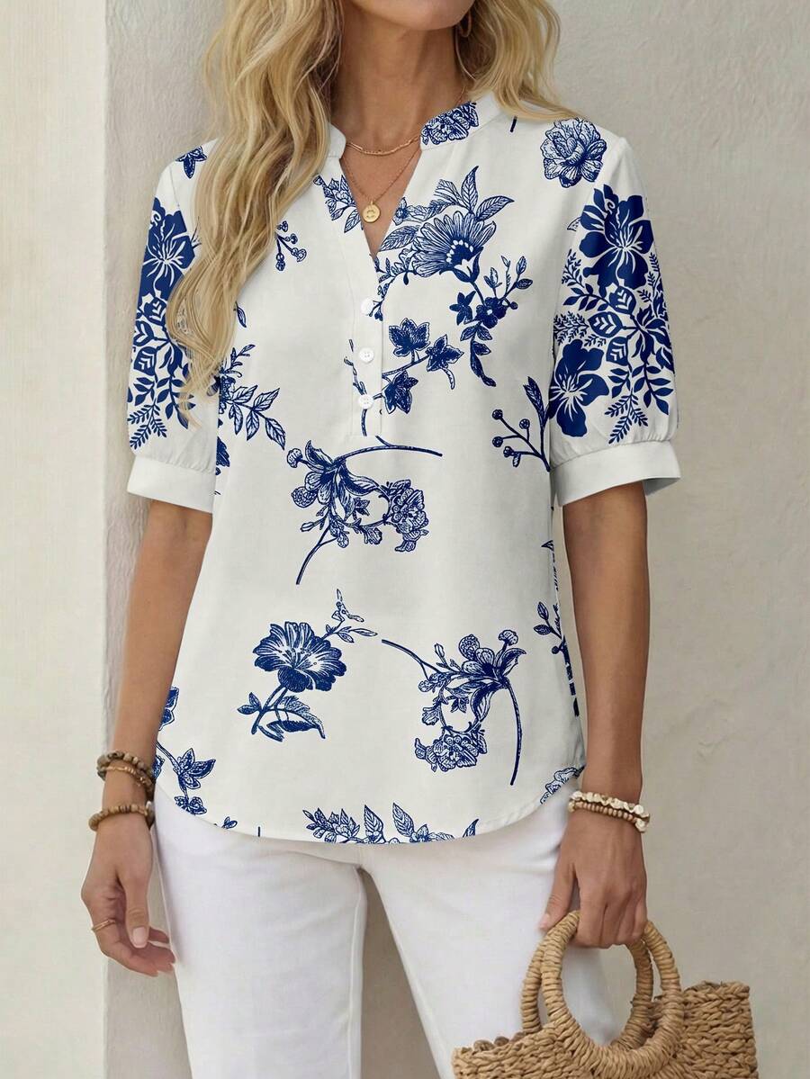 EMERY ROSE Áo nữ tay ngắn cổ chữ V in hoa, kiểu dáng thường ngày, thích hợp cho kỳ nghỉ hè. - Nhiều màu - Xem 1