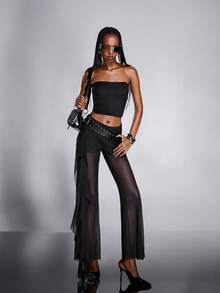 Airlisse Women's Fashion Pastal Bandeau Crop Top + Ruffle Trim Mesh Splice Casual Sexy Flare Leg Pants 2-Piece Set Golf Summer - Black - View 5