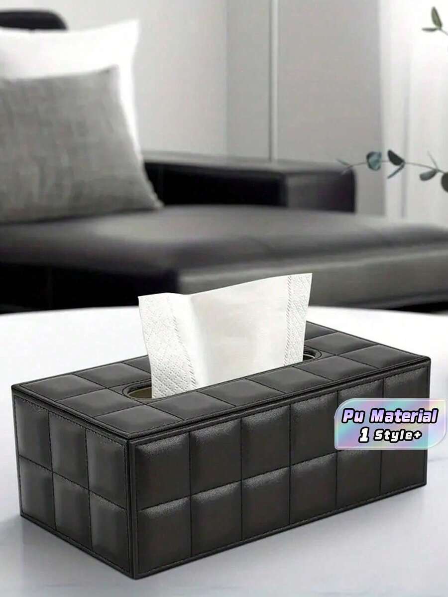1PC Large Rectangular PU Tissue Box Cover Magnetic Lock Black Grid Pattern Modern Home Decor For Dresser Nightstand Office Car Storage Organizer Minimalist Style - Black - View 1