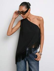 Maija Zanzea Women's Black Summer Party Night Out Top Casual Elegant Mama Mia Loose Fringe Hem Sleeveless Western Style Top, Country Concert - Black - View 3