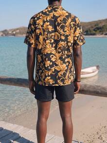 Palasendo Men's Baroque Print Short Sleeve Shirt & Shorts Beach Outfit Set Man Swim Trunks - Black - View 2