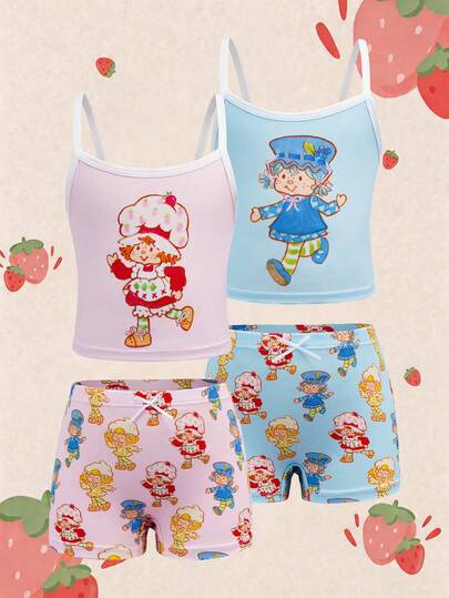 Strawberry Shortcake X SHEIN Bộ 2 món đồ lót nữ in hình hoạt hình gồm áo hai dây và quần đùi.