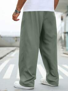 Manfinity Homme Plus Size Men's Casual Solid Color Drawstring Waist Straight Leg Pants, Suitable For Daily Commute - Green - View 2