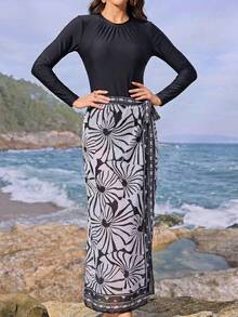 Swim Mulvari Swim Shayni Women Floral Print Long Sleeve Modest Flowy Sexy Burkini Set Maxi Skirt Full Coverage Muslim Swimwear Summer Beach Vacation Black - Multicolor - View 1