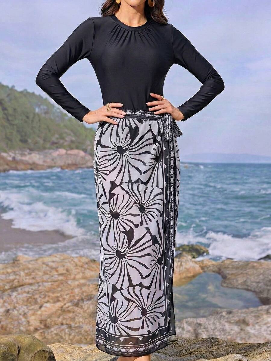 Swim Mulvari Swim Shayni Women Floral Print Long Sleeve Modest Flowy Sexy Burkini Set Maxi Skirt Full Coverage Muslim Swimwear Summer Beach Vacation Black - Multicolor - View 1