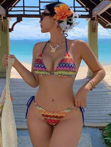 DAZY Bộ bikini nữ 2 món dệt kim họa tiết phối màu tương phản (áo và quần) - Màu xanh lam - Xem 5