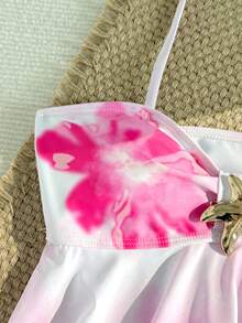 Tween Girl Floral Print Tie-Dye Halter Tankini Swimsuit Set - Apricot - View 3