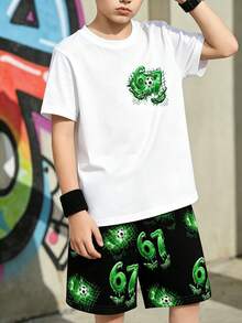 1套青少年男孩夏季足球黑綠配色#67號碼印花短袖T恤與短褲套裝，必備夏季休閒運動裝！#67號碼T恤 + 全身印花足球短褲2件套，舒適運動2件套，號碼足球塗鴉套裝 - 彩色 - 查看 8