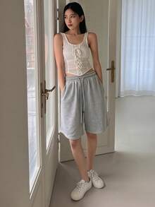 DAZY 女士纯色抽绳腰带休闲日常运动裤 - 灰色 - 查看 2