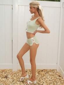 Sydney Algeri Lace Patchwork Bow Decor Cutout Bust Camisole & Super Low Waist High Slit Mini Shorts 2 Pieces Set - Mint Green - View 5