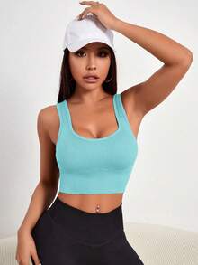 Gameset SHEIN Sport 女士纯色罗纹无缝运动文胸，适合日常健身 - 淺藍色 - 查看 6