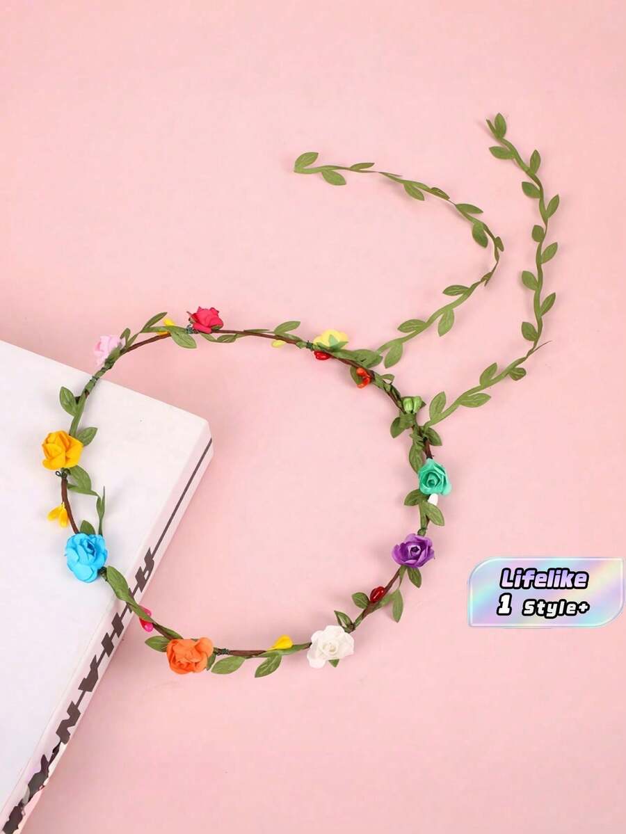 Lifelike 9 Flower Vine Wreath Hair Hoop Fresh Forest Style Green Leaf Headband Photoshoot Prop Stage Performance Costume Accessory Friendly Soft Flexible Fit - multicolor - View 1