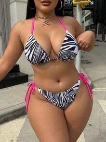 Swim SXY 大码女士两件套露背系带比基尼套装，印花比基尼套装，适合海滩和度假 - 彩色 - 查看 3