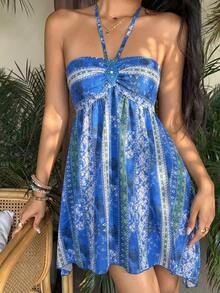 Sunnyshic Đầm ngắn nữ thời trang thường ngày, phong cách bohemian retro, họa tiết paisley đính sequin hình thoi, vạt áo bất đối xứng, cổ yếm và nơ, thích hợp cho kỳ nghỉ hè. - Màu xanh lam - Xem 4