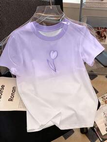 Resyla Hot-Selling Style, Sweet Gradient Purple Tulip Women's Short-Sleeved T-Shirt, Niche Style For Shopping And Dating, Fashionable Spring And Summer Style - Multicolor - View 1
