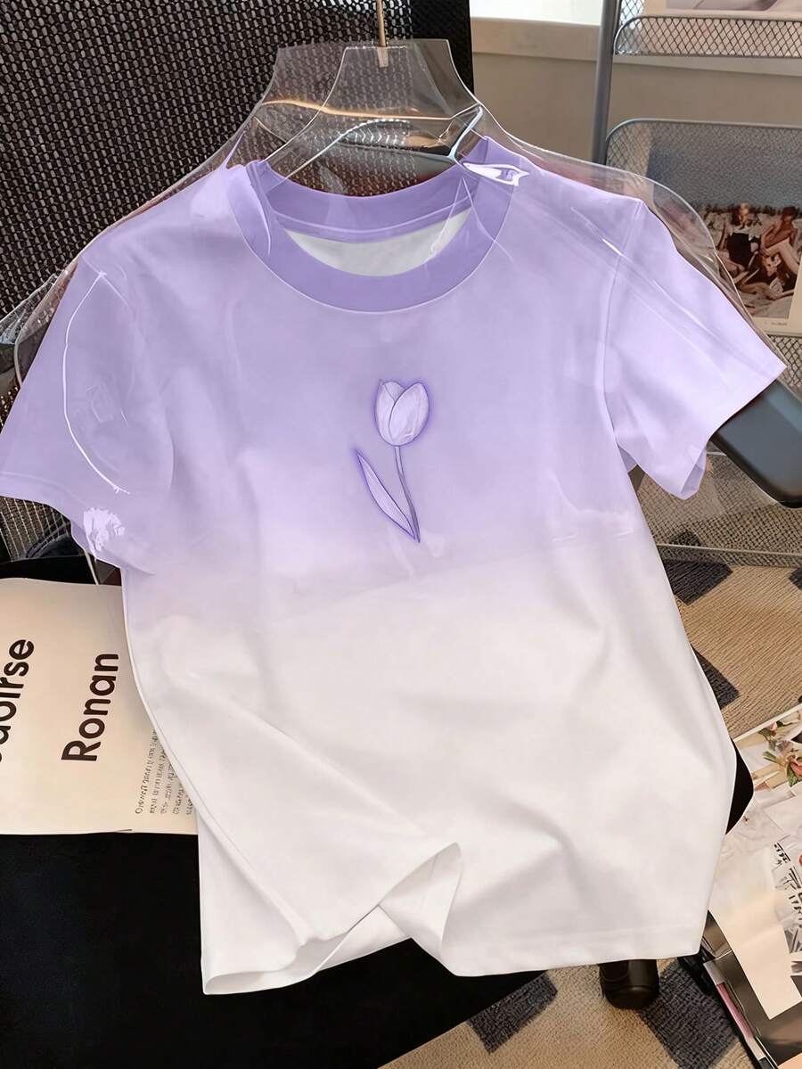 Resyla Hot-Selling Style, Sweet Gradient Purple Tulip Women's Short-Sleeved T-Shirt, Niche Style For Shopping And Dating, Fashionable Spring And Summer Style - Multicolor - View 1