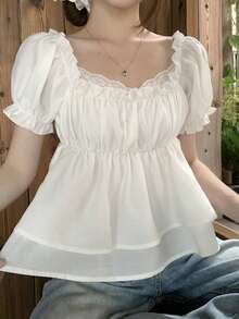 FRIFUL Women's Square Collar Chiffon Ruched Waist Petal Sleeve Solid Color Blouse Cute Tops Summer - White - View 4