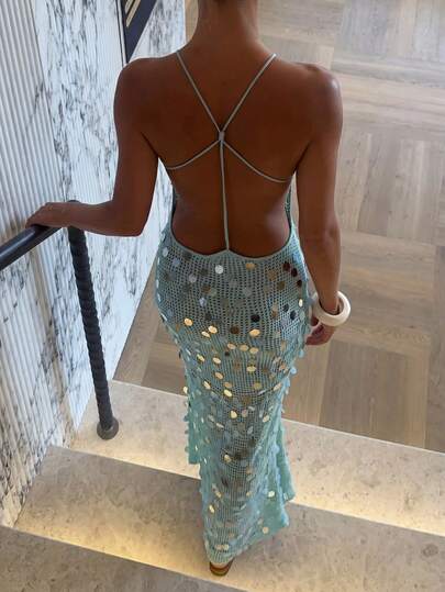 Firerie Women's Elegant Sexy Romantic Delicate Beach Holiday Wedding Guest Party Music Festival Sequin Knit Backless Bodycon Dress, Blue