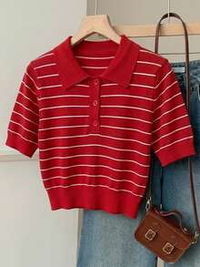 SHEIN EZwear Áo thun nữ tay ngắn cổ polo kẻ sọc, kiểu dáng thường ngày, thích hợp mặc đi làm, mùa hè. - Đỏ - Xem 7