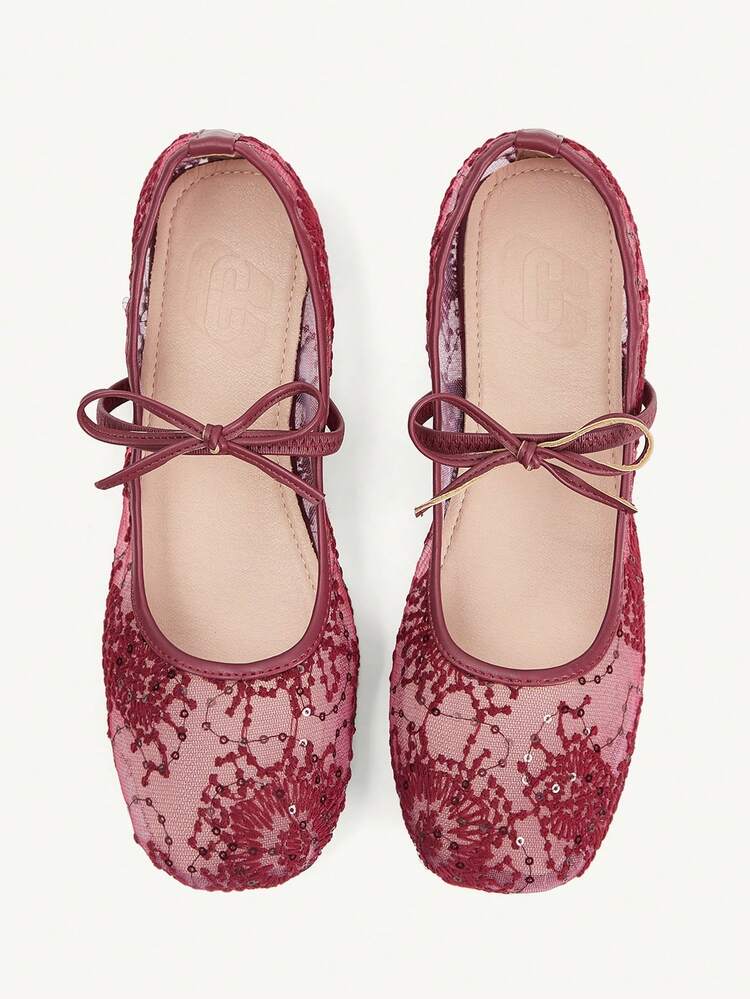 CUCCOO CHICEST Spring And Summer Mesh Lace Bow Design Square Toe Flat Heel Gentle Mesh Mary Jane Shoes Daily Commute